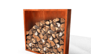 Egura Cortenstahl Holzlager mit Rückwand - Länge: 1500 - Breite: 385 - Höhe: 1500