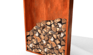 Egura Cortenstahl Holzlager mit Rückwand - Länge: 1500 - Breite: 385 - Höhe: 2000