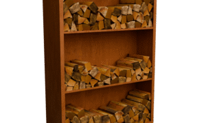 Egura Cortenstahl Holzlager - Unterteilung 3 Fächer mit rückwand- Länge: 1500 - Breite: 385 - Höhe: 2000