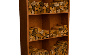 Egura Cortenstahl Holzlager - Unterteilung 6 Boxen mit rückwand - Länge: 1500 - Breite: 385 - Höhe: 2000