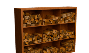 Egura Cortenstahl Holzlager - Unterteilung 9 Boxen mit rückwand - Länge: 2000 - Breite: 385 - Höhe: 1500